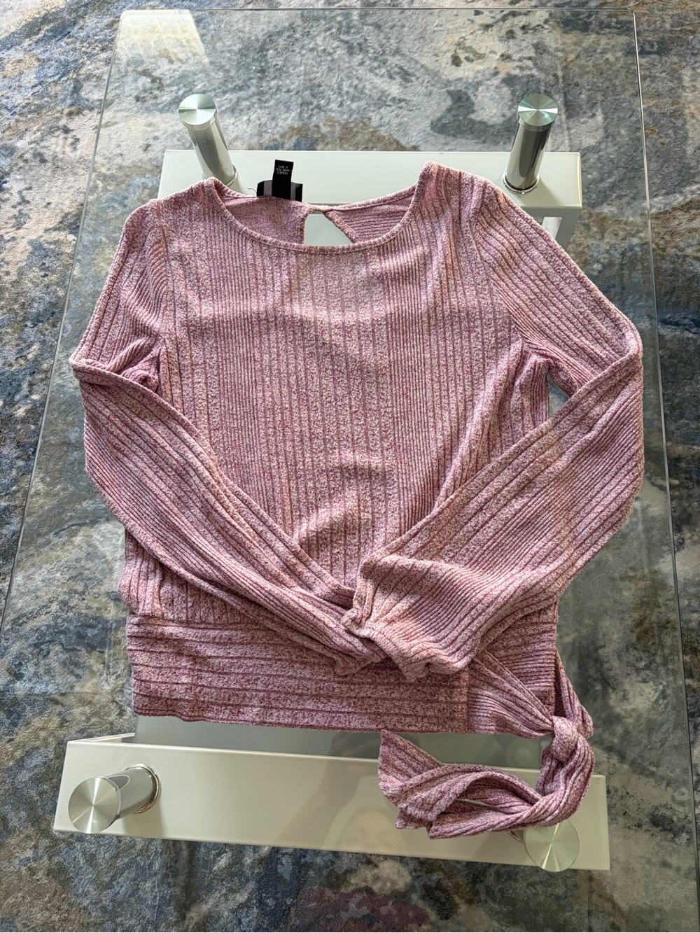 Iz Byer Ribbed Pink Long-Sleeve Top with Tie Hem